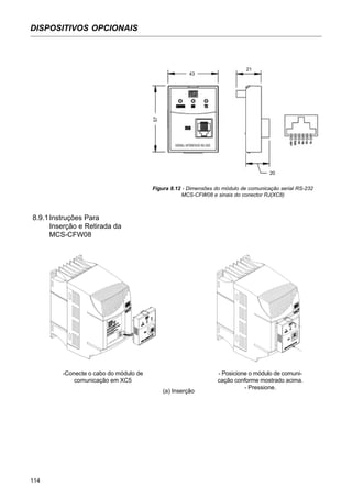 114
DISPOSITIVOS OPCIONAIS
8.9.1Instruções Para
Inserção e Retirada da
MCS-CFW08
-Conecte o cabo do módulo de
comunicação em XC5
- Posicione o módulo de comuni-
cação conforme mostrado acima.
- Pressione.
(a) Inserção
Figura 8.12 - Dimensões do módulo de comunicação serial RS-232
MCS-CFW08 e sinais do conector RJ(XC8)
57
43
21
20
 