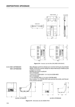 116
DISPOSITIVOS OPCIONAIS
São utilizados quando se deseja que o inversor tenha grau de proteção
NEMA 1/IP20 e/ou quando deseja-se utilizar eletrodutos metálicos para
a fiação do inversor.
Modelos aos quais se aplicam:
KN1-CFW08-M1:
1.6-2.6- 4.0-7.0/220-240V; 1.0-1.6-2.6-4.0/380-480V
KN1-CFW08-M2:
7.3-10-16A/200-240V; 2.7-4.3-6.5-10A/380-480V
Nos modelos 13 e 16A/380-480V este opcional não existe, pois faz par-
te do produto standard.
8.12 KN1-CFW08-M1
KN1-CFW08-M2
Figura 8.14 - Inversor com kit trilho DIN (KMD-CFW-08-M1)
(a) KN1-CFW08-M1 (b) KN1-CFW08-M2
Figura 8.15 - dimensões dos kits NEMA1/IP20
Corte A-A
Vista Frontal Corte B-B
12
75
129
1404
64
B
B
A'A
9
68
75 89
106
115 86
 
