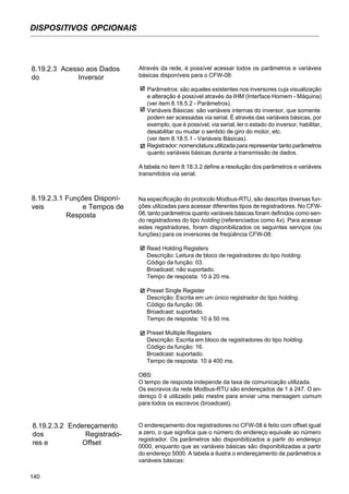 140
DISPOSITIVOS OPCIONAIS
8.19.2.3 Acesso aos Dados
do Inversor
Através da rede, é possível acessar todos os parâmetros e variáveis
básicas disponíveis para o CFW-08:
Parâmetros: são aqueles existentes nos inversores cuja visualização
e alteração é possível através da IHM (Interface Homem - Máquina)
(ver item 8.18.5.2 - Parâmetros).
Variáveis Básicas: são variáveis internas do inversor, que somente
podem ser acessadas via serial. É através das variáveis básicas, por
exemplo, que é possível, via serial, ler o estado do inversor, habilitar,
desabilitar ou mudar o sentido de giro do motor, etc.
(ver item 8.18.5.1 - Variáveis Básicas).
Registrador: nomenclatura utilizada para representar tanto parâmetros
quanto variáveis básicas durante a transmissão de dados.
A tabela no item 8.18.3.2 define a resolução dos parâmetros e variáveis
transmitidos via serial.
8.19.2.3.1 Funções Disponí-
veis e Tempos de
Resposta
Na especificação do protocolo Modbus-RTU, são descritas diversas fun-
ções utilizadas para acessar diferentes tipos de registradores. No CFW-
08, tanto parâmetros quanto variáveis básicas foram definidos como sen-
do registradores do tipo holding (referenciados como 4x). Para acessar
estes registradores, foram disponibilizados os seguintes serviços (ou
funções) para os inversores de freqüência CFW-08:
Read Holding Registers
Descrição: Leitura de bloco de registradores do tipo holding.
Código da função: 03.
Broadcast: não suportado.
Tempo de resposta: 10 à 20 ms.
Preset Single Register
Descrição: Escrita em um único registrador do tipo holding.
Código da função: 06.
Broadcast: suportado.
Tempo de resposta: 10 à 50 ms.
Preset Multiple Registers
Descrição: Escrita em bloco de registradores do tipo holding.
Código da função: 16.
Broadcast: suportado.
Tempo de resposta: 10 à 400 ms.
OBS:
O tempo de resposta independe da taxa de comunicação utilizada.
Os escravos da rede Modbus-RTU são endereçados de 1 à 247. O en-
dereço 0 é utilizado pelo mestre para enviar uma mensagem comum
para todos os escravos (broadcast).
8.19.2.3.2 Endereçamento
dos Registrado-
res e Offset
O endereçamento dos registradores no CFW-08 é feito com offset igual
a zero, o que significa que o número do endereço equivale ao número
registrador. Os parâmetros são disponibilizados a partir do endereço
0000, enquanto que as variáveis básicas são disponibilizadas a partir
do endereço 5000. A tabela a ilustra o endereçamento de parâmetros e
variáveis básicas:
 