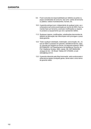 152
GARANTIA
9.0 Ficam excluídas da responsabilidade por defeitos as partes ou
peças consideradas de consumo, tais como partes de borracha
ou plástico, bulbos incandescentes, fusíveis, etc.
10.0 A garantia extinguir-se-á, independente de qualquer aviso, se a
compradora sem prévia autorização por escrito da WEG, fizer ou
mandar fazer por terceiros, eventuais modificações ou reparos
no produto ou equipamento que vier a apresentar defeito.
11.0 Quaisquer reparos, modificações, substituições decorrentes de
defeitos de fabricação não interrompem nem prorrogam o prazo
desta garantia.
12.0 Toda e qualquer solicitação, reclamação, comunicação, etc., no
que se refere a produtos em garantia, assistência técnica, start-
up, deverão ser dirigidos por escrito, ao seguinte endereço: WEG
AUTOMAÇÃO A/C Departamento de Assistência Técnica, Av.
Pref. Waldemar Grubba, 3000, malote 190, CEP 89256-900,
Jaraguá do Sul – SC Brasil, Telefax 047-3724200, e-mail:
astec@weg.com.br.
13.0 A garantia oferecida pela Weg Automação está condicionada à
observância destas condições gerais, sendo este o único termo
de garantia válido.
 