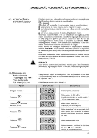 43
ENERGIZAÇÃO / COLOCAÇÃO EM FUNCIONAMENTO
4.3 COLOCAÇÃO EM
FUNCIONAMENTO
Este item descreve a colocação em funcionamento, com operação pela
HMI. Dois tipos de controle serão considerados:
V/F e Vetorial.
O Controle V/F ou escalar é recomendado para os seguintes casos:
acionamento de vários motores com o mesmo inversor;
corrente nominal do motor é menor que 1/3 da corrente nominal do
inversor;
o inversor, para propósito de testes, é ligado sem motor.
O controle escalar também pode ser utilizado em aplicações que não
exijam resposta dinâmica rápida, precisão na regulação de velocidade
ou alto torque de partida (o erro de velocidade será função do
escorregamento do motor; caso se programe o parâmetro P138 -
escorregamento nominal - pode-se conseguir precisão de 1% na velo-
cidade com controle escalar e com variação de carga).
Para a maioria das aplicações recomenda-se a operação no modo de
controle VETORIAL, o qual permite uma maior precisão na regulação
de velocidade (típico 0,5%), maior torque de partida e melhor resposta dinâ-
mica.
Os ajustes necessários para o bom funcionamento do controle vetorial
são feitos automaticamente. Para isto deve-se ter o motor a ser usado
conectado ao CFW-08.
PERIGO!
Altas tensões podem estar presentes, mesmo após a desconexão da
alimentação. Aguarde pelo menos 10 minutos para a descarga completa.
A seqüência a seguir é válida para o caso Acionamento 1 (ver item
3.2.5). O inversor já deve ter sido instalado e energizado de acordo com
os capítulos 3 e 4.2.
4.3.1Colocação em
Funcionamento
- Operação pela HMI -
Tipo de Controle:
V/F linear (P202=0) Conexões de acordo com a figura 3.4.
AÇÃO DISPLAY HMI DESCRIÇÃO
Energizar Inversor
Pressionar
Pressionar e manter
até atingir 60 Hz
Pressionar
Pressionar
Pressionar e manter
Inversor pronto para operar
Motor acelera de 0Hz a 3Hz*
(freqüência mínima), no sentido horário (1)
* 90rpm para motor 4 pólos
Motor acelera até 60Hz* (2)
* 1800rpm para motor 4 pólos
Motor desacelera(3)
até a velocidade de 0
rpm e, então, troca o sentido de rotação
Horário⇒Anti-horário, voltando a acelerar
até 60Hz
Motor desacelera até parar
Motor acelera até a freqüência de JOG dada
por P122. Ex: P122 = 5,00Hz
Sentido de rotação Anti-horário
 