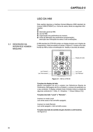 50
CAPÍTULO 5
USO DA HMI
Este capítulo descreve a Interface Homem-Máquina (HMI) standard do
inversor (HMI-CFW08-P) e a forma de usá-la, dando as seguintes infor-
mações:
descrição geral da HMI;
uso da HMI;
organização dos parâmetros do inversor;
modo de alteração dos parâmetros (programação);
descrição das indicações de status e das sinalizações.
5.1 DESCRIÇÃO DA
INTERFACE HOMEM -
MÁQUINA
A HMI standard do CFW-08 contém um display de leds com 4 dígitos de
7 segmentos, 4 leds de estado e 8 teclas. A figura 5.1 mostra uma vista
frontal da HMI e indica a localização do display e dos leds de estado.
Display de Leds
Led "Local"
Led "Remoto"
Led "Horário"
Led "Anti-horário"
Figura 5.1 - HMI do CFW-08
Funções do display de leds:
Mostra mensagens de erro e estado (ver Referência Rápida de
Parâmetros, Mensagens de Erro e Estado), o número do parâmetro ou
o seu conteúdo. O display unidade (mais à direita) indica a unidade de
algumas variáveis [U = Volts, A = Ampéres, o
= Graus Célsius (o
C)]
Funções dos leds “Local” e “Remoto”:
Inversor no modo Local:
Led verde aceso e led vermelho apagado.
Inversor no modo Remoto:
Led verde apagado e led vermelho aceso.
Funções dos leds de sentido de giro (horário e anti-horário).
Ver figura 5.2
 