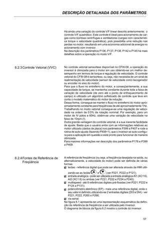 57
DESCRIÇÃO DETALHADA DOS PARÂMETROS
Há ainda uma variação do controle V/F linear descrito anteriormente: o
controle V/F quadrático. Este controle é ideal para acionamento de car-
gas como bombas centrífugas e ventiladores (cargas com característi-
ca torque x velocidade quadrática), pois possibilita uma redução nas
perdas no motor, resultando em uma economia adicional de energia no
acionamento com inversor.
Na descrição dos parâmetros P136, P137, P138, P142 e P145 há mais
detalhes sobre a operação no modo V/F.
No controle vetorial sensorless disponível no CFW-08, a operação do
inversor é otimizada para o motor em uso obtendo-se um melhor de-
sempenho em termos de torque e regulação de velocidade. O controle
vetorial do CFW-08 é sensorless, ou seja, não necessita de um sinal de
realimentação de velocidade (sensor de velocidade como tacogerador
ou encoder no eixo do motor).
Para que o fluxo no entreferro do motor, e conseqüentemente, a sua
capacidade de torque, se mantenha constante durante toda a faixa de
variação de velocidade (de zero até o ponto de enfraquecimento de
campo) é utilizado um algoritmo sofisticado de controle que leva em
conta o modelo matemático do motor de indução.
Dessa forma, consegue-se manter o fluxo no entreferro do motor apro-
ximadamente constante para freqüências de até aproximadamente 1Hz.
Trabalhando no modo vetorial consegue-se uma regulação de veloci-
dade na ordem de 0.5% da rotação nominal. Por exemplo, para um
motor de IV pólos e 60Hz, obtém-se uma variação de velocidade na
faixa de 10rpm (!).
Outra grande vantagem do controle vetorial, é a sua inerente facilidade
de ajuste. Basta que o usuário entre com as informações relativas ao
motor utilizado (dados de placa) nos parâmetros P399 a P407 e rode a
rotina de auto-ajuste (fazendo P408=1), que o inversor se auto-configu-
ra para a aplicação em questão e está pronto para funcionar de maneira
otimizada.
Para maiores informações ver descrição dos parâmetros P178 e P399
a P409.
A referência de freqüência (ou seja, a freqüência desejada na saída, ou
alternativamente, a velocidade do motor) pode ser definida de várias
formas:
teclas - referência digital que pode ser alterada através da HMI utili-
zando-se as teclas e (ver P221, P222 e P121);
entrada analógica - pode ser utilizada a entrada analógica AI1 (XC1:6),
AI2 (XC1:8) ou ambas (ver P221, P222 e P234 a P240);
multispeed - até 8 referências digitais pré-fixadas (ver P221, P222 e
P124 a P131);
potenciômetro eletrônico (EP) - mais uma referência digital, onde o
seu valor é definido utilizando-se 2 entradas digitais (DI3 e DI4) - ver
P221, P222, P265 e P266;
via serial.
Na figura 6.1 apresenta-se uma representação esquemática da defini-
ção da referência de freqüência a ser utilizada pelo inversor.
O diagrama de blocos da figura 6.2 mostra o controle do inversor.
6.2.3Controle Vetorial (VVC)
6.2.4Fontes de Referência de
Freqüência
 