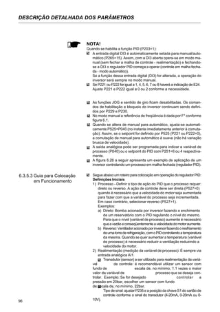 96
DESCRIÇÃO DETALHADA DOS PARÂMETROS
A entrada digital DI3 é automaticamente setada para manual/auto-
mático (P265=15). Assim, com a DI3 aberta opera-se em modo ma-
nual (sem fechar a malha de controle - realimentação) e fechando-
se a DI3 o regulador PID começa a operar (controle em malha fecha-
da - modo automático).
Se a função dessa entrada digital (DI3) for alterada, a operação do
inversor será sempre no modo manual.
Se P221 ou P222 for igual a 1, 4, 5, 6, 7 ou 8 haverá a indicação de E24.
Ajuste P221 e P222 igual a 0 ou 2 conforme a necessidade.
As funções JOG e sentido de giro ficam desabilitadas. Os coman-
dos de habilitação e bloqueio do inversor continuam sendo defini-
dos por P229 e P230.
No modo manual a referência de freqüência é dada por F* conforme
figura 6.1.
Quando se altera de manual para automático, ajusta-se automati-
camente P525=P040 (no instante imediatamente anterior à comuta-
ção). Assim, se o setpoint for definido por P525 (P221 ou P222=0),
a comutação de manual para automático é suave (não há variação
brusca de velocidade).
A saída analógica pode ser programada para indicar a variável de
processo (P040) ou o setpoint do PID com P251=6 ou 4 respectiva-
mente.
A figura 6.26 a seguir apresenta um exemplo de aplicação de um
inversor controlando um processo em malha fechada (regulador PID).
6.3.5.3 Guia para Colocação
em Funcionamento
SegueabaixoumroteiroparacolocaçãoemoperaçãodoreguladorPID:
Definições Iniciais
1) Processo - Definir o tipo de ação do PID que o processo requer:
direto ou reverso. A ação de controle deve ser direta (P527=0)
quando é necessário que a velocidade do motor seja aumentada
para fazer com que a variável do processo seja incrementada.
Em caso contrário, selecionar reverso (P527=1).
Exemplos:
a) Direto: Bomba acionada por inversor fazendo o enchimento
de um reservatório com o PID regulando o nível do mesmo.
Para que o nível (variável de processo) aumente é necessário
queavazãoeconseqüentementeavelocidadedomotoraumente.
b) Reverso:Ventiladoracionadoporinversorfazendooresfriamento
deumatorrederefrigeração, comoPIDcontrolandoatemperatura
da mesma. Quando se quer aumentar a temperatura (variável
de processo) é necessário reduzir a ventilação reduzindo a
velocidade do motor.
2) Realimentação (medição da variável de processo): É sempre via
entrada analógica AI1.
Transdutor (sensor) a ser utilizado para realimentação da variá-
vel de controle: é recomendável utilizar um sensor com
fundo de escala de, no mínimo, 1.1 vezes o maior
valor da variável de processo que se deseja con-
trolar. Exemplo: Se for desejado controlar a
pressão em 20bar, escolher um sensor com fundo
de escala de, no mínimo, 22bar.
Tipo de sinal: ajustar P235 e a posição da chave S1 do cartão de
controle conforme o sinal do transdutor (4-20mA, 0-20mA ou 0-
10V).
NOTA!
Quando se habilita a função PID (P203=1):
 
