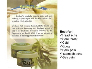 Best for:  Head ache  Sore throat Cold Cough Back pain stomach ache Gas pain 