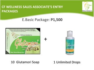 + 10  Glutamori Soap 1 Unlimited Drops  CF WELLNESS SALES ASSOCIATE’S ENTRY PACKAGES E.Basic Package:  P1,500 