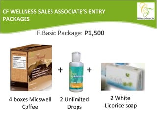 + 4 boxes Micswell Coffee CF WELLNESS SALES ASSOCIATE’S ENTRY PACKAGES F.Basic Package:  P1,500 2 Unlimited  Drops  + 2 White  Licorice soap 