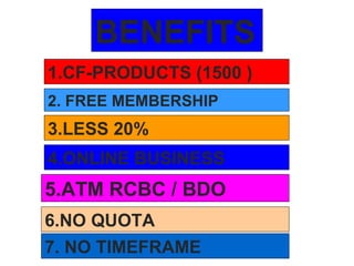 BENEFITS 1.CF-PRODUCTS (1500 ) 2. FREE MEMBERSHIP 3.LESS 20% 4.ONLINE BUSINESS 5.ATM RCBC / BDO 6.NO QUOTA 7. NO TIMEFRAME 