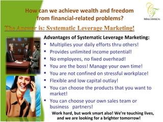 How can we achieve wealth and freedom  from financial-related problems? Advantages of Systematic Leverage Marketing: Multiplies your daily efforts thru others! Provides unlimited income potential! No employees, no fixed overhead! You are the boss! Manage your own time! You are not confined on stressful workplace! Flexible and low capital outlay! You can choose the products that you want to market! You can choose your own sales team or business  partners! Work hard, but work smart also! We’re touching lives, and we are looking for a brighter tomorrow! 