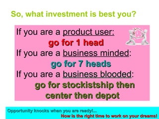 So, what investment is best you? If you are a  product user:   go for 1 head If you are a  business minded :  go for 7 heads If you are a  business blooded :  go for stockistship then  center then depot Opportunity knocks when you are ready!... Now is the right time to work on your dreams! 