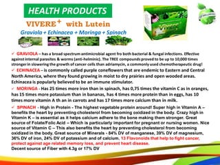 31
HEALTH PRODUCTS
VIVERE with Lutein+
Graviola + Echinacea + Moringa + Spinach
 GRAVIOLA – has a broad spectrum antimicrobial agent fro both bacterial & fungal infections. Effective
against internal parasites & worms (anti-helminic). The TREE compounds proved to be up to 10,000 times
stronger in slowering the growth of cancer cells than adriamycin, a commonly used chemotherapeutic drug!
 ECHINACEA – is commonly called purple coneflowers that are endemic to Eastern and Central
North America, where they found growing in moist to dry prairies and open wooded areas.
Echinacea is popularly believed to be an immune stimulator.
 MORINGA - Has 25 times more iron than in spinach, has 0,75 times the vitamin C as in oranges,
has 15 times more potassium than in bananas, has 4 times more protein than in eggs, has 10
times more vitamin A th an in carrots and has 17 times more calcium than in milk.
 SPINACH - High in Protein - The highest vegetable protein around! Super high in Vitamin A –
benefits the heart by preventing cholesterol from becoming oxidized in the body. Crazy high in
Vitamin K – is essential as it helps calcium adhere to the bone making them stronger. Great
source of Folate/Folic Acid – Which is particularly important for pregnant or nursing women. Nice
source of Vitamin C – This also benefits the heart by preventing cholesterol from becoming
oxidized in the body. Great source of Minerals - 84% DV of manganese, 39% DV of magnesium,
36% DV of iron, 24% DV of potassium and of calcium. 13 Flavonoids that help to fight cancer,
protect against age related memory loss, and prevent heart disease.
Decent source of Fiber with 4.3g or 17% DV
22
HEALTH PRODUCTS
VIVERE with Lutein+
Graviola + Echinacea + Moringa + Spinach
 GRAVIOLA – has a broad spectrum antimicrobial agent fro both bacterial & fungal infections. Effective
against internal parasites & worms (anti-helminic). The TREE compoundsproved to be up to 10,000 times
strongerin slowering the growth of cancer cells than adriamycin, a commonly used chemotherapeutic drug!
 ECHINACEA – is commonly called purple coneflowers that are endemic to Eastern and Central
North America, where they found growing in moist to dry prairies and open wooded areas.
Echinacea is popularly believed to be an immune stimulator.
 MORINGA - Has 25 times more iron than in spinach, has 0,75 times the vitamin C as in oranges,
has 15 times more potassium than in bananas, has 4 times more protein than in eggs, has 10
times more vitamin A th an in carrots and has 17 times more calcium than in milk.
 SPINACH - High in Protein - The highest vegetable protein around! Super high in Vitamin A –
benefits the heart by preventing cholesterol from becoming oxidized in the body. Crazy high in
Vitamin K – is essential as it helps calcium adhere to the bone making them stronger. Great
source of Folate/Folic Acid – Which is particularly important for pregnant or nursing women. Nice
source of Vitamin C – This also benefits the heart by preventing cholesterol from becoming
oxidized in the body. Great source of Minerals - 84% DV of manganese, 39% DV of magnesium,
36% DV of iron, 24% DV of potassium and of calcium. 13 Flavonoids that help to fight cancer,
protect against age related memory loss, and prevent heart disease.
Decent source of Fiber with 4.3g or 17% DV
 