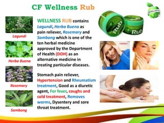 45
CF Wellness Rub
Lagundi
Herba Buena
Rosemary
Sambong
WELLNESS RUB contains
Lagundi, Herba Buena as
pain reliever, Rosemary and
Sambong which is one of the
ten herbal medicine
approved by the Department
of Health (DOH) as an
alternative medicine in
treating particular diseases.
Stomach pain reliever,
Hypertension and Rheumatism
treatment, Good as a diuretic
agent, For fever, coughs and
cold treatment, Removes
worms, Dysentery and sore
throat treatment.
 