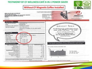 49
Without CF Magnetic Coffee Installed
TESTIMONY OF CF WELLNESS CAFÉ 8-IN-1 POWER SAVER
49
Without CF Magnetic Coffee Installed
TESTIMONYOF CF WELLNESS CAFÉ 8-IN-1 POWER SAVER
 