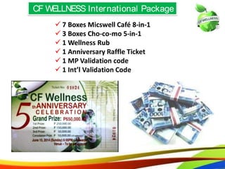 CF WELLNESS International
Package
62
 7 Boxes Micswell Café 8-in-1
 3 Boxes Cho-co-mo 5-in-1
 1 Wellness Rub
 1 Anniversary Raffle Ticket
 1 MP Validation code
 1 Int’l Validation Code
CF WELLNESS International Package
59
 7 Boxes Micswell Café 8-in-1
 3 Boxes Cho-co-mo 5-in-1
 1 Wellness Rub
 1 Anniversary Raffle Ticket
 1 MP Validation code
 1 Int’l Validation Code
 