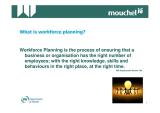 Workforce Planning is the process of ensuring that a
 business or organisation has the right number of
 employees; with the right knowledge, skills and
 behaviours in the right place, at the right time.
                                           IRS Employment Review 790




                                                                       1
 