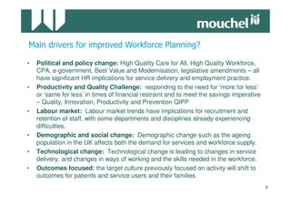•   Political and policy change: High Quality Care for All, High Quality Workforce,
    CPA, e-government, Best Value and Modernisation, legislative amendments – all
    have significant HR implications for service delivery and employment practice.
•   Productivity and Quality Challenge: responding to the need for ‘more for less’
    or ‘same for less’ in times of financial restraint and to meet the savings imperative
    – Quality, Innovation, Productivity and Prevention QIPP
•   Labour market: Labour market trends have implications for recruitment and
    retention of staff, with some departments and disciplines already experiencing
    difficulties.
•   Demographic and social change: Demographic change such as the ageing
    population in the UK affects both the demand for services and workforce supply.
•   Technological change: Technological change is leading to changes in service
    delivery, and changes in ways of working and the skills needed in the workforce.
•   Outcomes focused: the target culture previously focused on activity will shift to
    outcomes for patients and service users and their families.
                                                                                            8
 