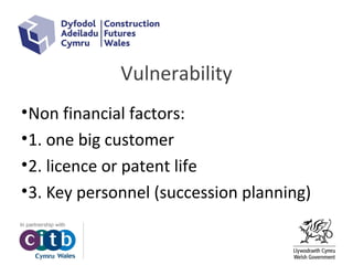 Vulnerability
•Non financial factors:
•1. one big customer
•2. licence or patent life
•3. Key personnel (succession planning)
 