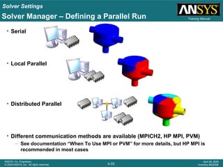Solver Settings
4-33
ANSYS, Inc. Proprietary
© 2009 ANSYS, Inc. All rights reserved.
April 28, 2009
Inventory #002598
Training Manual
• Serial
• Local Parallel
• Distributed Parallel
• Different communication methods are available (MPICH2, HP MPI, PVM)
– See documentation “When To Use MPI or PVM” for more details, but HP MPI is
recommended in most cases
Solver Manager – Defining a Parallel Run
 