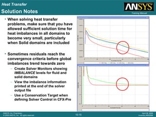 Heat Transfer
10-15
ANSYS, Inc. Proprietary
© 2009 ANSYS, Inc. All rights reserved.
April 28, 2009
Inventory #002598
Training ManualSolution Notes
• When solving heat transfer
problems, make sure that you have
allowed sufficient solution time for
heat imbalances in all domains to
become very small, particularly
when Solid domains are included
• Sometimes residuals reach the
convergence criteria before global
imbalances trend towards zero
– Create Solver Monitors showing
IMBALANCE levels for fluid and
solid domains
– View the imbalance information
printed at the end of the solver
output file
– Use a Conservation Target when
defining Solver Control in CFX-Pre
 