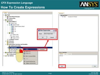 CFX Expression Language
11-6
ANSYS, Inc. Proprietary
© 2009 ANSYS, Inc. All rights reserved.
April 28, 2009
Inventory #002598
Training ManualHow To Create Expressions
 