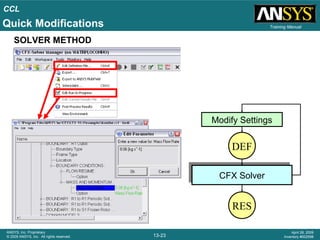 CCL
13-23
ANSYS, Inc. Proprietary
© 2009 ANSYS, Inc. All rights reserved.
April 28, 2009
Inventory #002598
Training Manual
SOLVER METHOD
DEF
CFX SolverCFX Solver
RES
Modify Settings
Quick Modifications
 