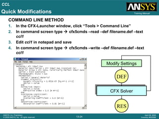 CCL
13-24
ANSYS, Inc. Proprietary
© 2009 ANSYS, Inc. All rights reserved.
April 28, 2009
Inventory #002598
Training Manual
COMMAND LINE METHOD
1. In the CFX-Launcher window, click “Tools > Command Line”
2. In command screen type  cfx5cmds –read –def filename.def –text
ccl1
3. Edit ccl1 in notepad and save
4. In command screen type  cfx5cmds –write –def filename.def –text
ccl1
DEF
CFX SolverCFX Solver
RES
Modify Settings
Quick Modifications
 