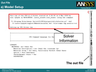 Out File
13-3
ANSYS, Inc. Proprietary
© 2009 ANSYS, Inc. All rights reserved.
April 28, 2009
Inventory #002598
Training Manual
Solver
Information
a) Model Setup
The out file
 
