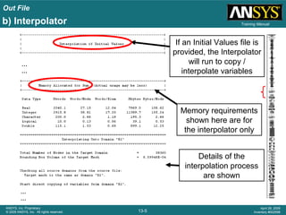 Out File
13-5
ANSYS, Inc. Proprietary
© 2009 ANSYS, Inc. All rights reserved.
April 28, 2009
Inventory #002598
Training Manual
If an Initial Values file is
provided, the Interpolator
will run to copy /
interpolate variables
b) Interpolator
…
…
…
…
Memory requirements
shown here are for
the interpolator only
Details of the
interpolation process
are shown
 