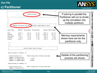 Out File
13-6
ANSYS, Inc. Proprietary
© 2009 ANSYS, Inc. All rights reserved.
April 28, 2009
Inventory #002598
Training Manual
If solving in parallel the
Partitioner will run to divide
up the simulation into
multiple partitions
c) Partitioner
…
…
…
…
Memory requirements
shown here are for the
partitioner only
Details of the partitioning
process are shown
 