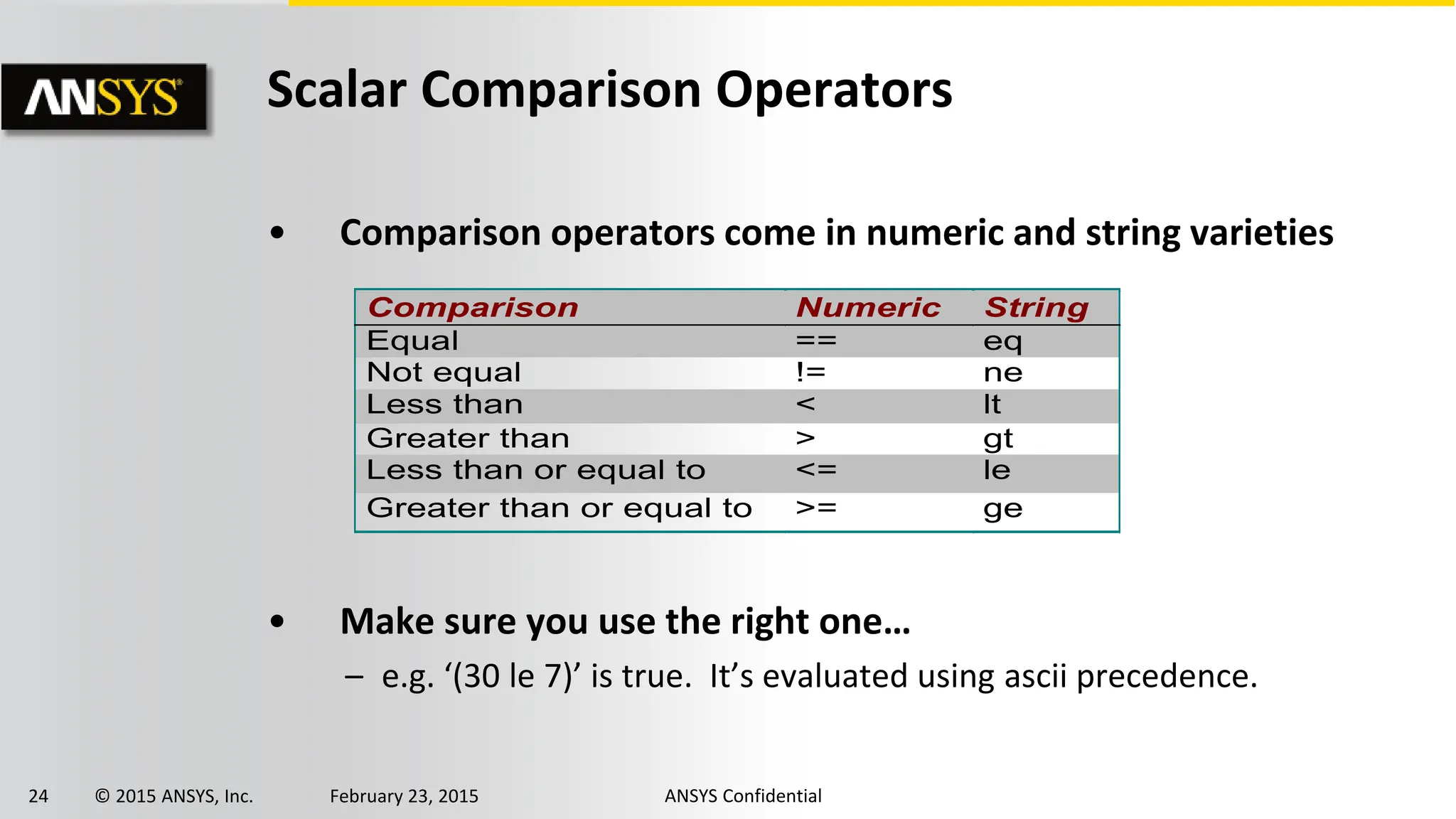 24 © 2015 ANSYS, Inc. February 23, 2015 ANSYS Confidential
Scalar Comparison Operators
• Comparison operators come in numeric and string varieties
• Make sure you use the right one…
– e.g. ‘(30 le 7)’ is true. It’s evaluated using ascii precedence.
Comparison Numeric String
Equal == eq
Not equal != ne
Less than < lt
Greater than > gt
Less than or equal to <= le
Greater than or equal to >= ge
 