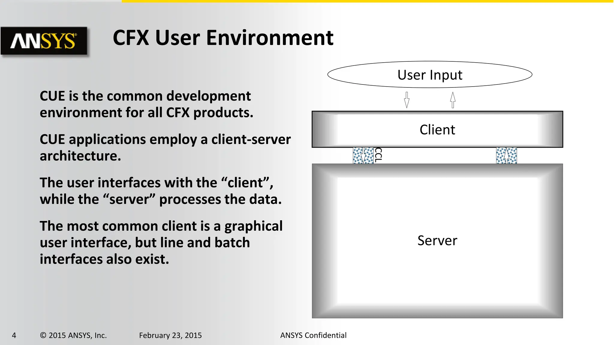 4 © 2015 ANSYS, Inc. February 23, 2015 ANSYS Confidential
CUE is the common development
environment for all CFX products.
CUE applications employ a client-server
architecture.
The user interfaces with the “client”,
while the “server” processes the data.
The most common client is a graphical
user interface, but line and batch
interfaces also exist.
CFX User Environment
Server
Client
User Input
CCL
 