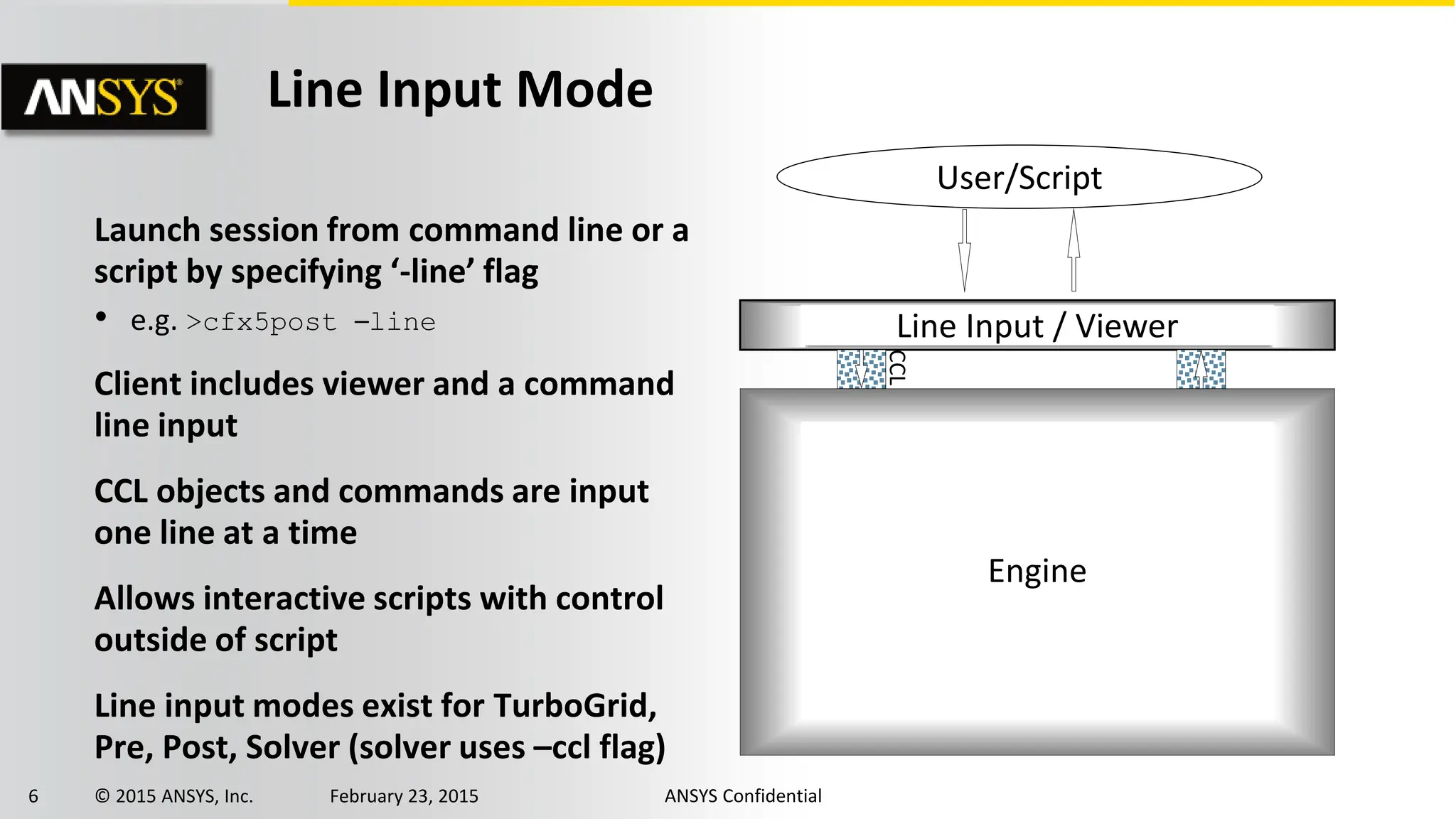 6 © 2015 ANSYS, Inc. February 23, 2015 ANSYS Confidential
Launch session from command line or a
script by specifying ‘-line’ flag
• e.g. >cfx5post –line
Client includes viewer and a command
line input
CCL objects and commands are input
one line at a time
Allows interactive scripts with control
outside of script
Line input modes exist for TurboGrid,
Pre, Post, Solver (solver uses –ccl flag)
Line Input Mode
Engine
Line Input / Viewer
User/Script
CCL
 