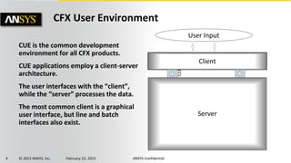 4 © 2015 ANSYS, Inc. February 23, 2015 ANSYS Confidential
CUE is the common development
environment for all CFX products.
CUE applications employ a client-server
architecture.
The user interfaces with the “client”,
while the “server” processes the data.
The most common client is a graphical
user interface, but line and batch
interfaces also exist.
CFX User Environment
Server
Client
User Input
CCL
 