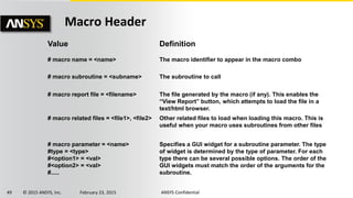 49 © 2015 ANSYS, Inc. February 23, 2015 ANSYS Confidential
Value Definition
# macro name = <name> The macro identifier to appear in the macro combo
# macro subroutine = <subname> The subroutine to call
# macro report file = <filename> The file generated by the macro (if any). This enables the
“View Report” button, which attempts to load the file in a
text/html browser.
# macro related files = <file1>, <file2> Other related files to load when loading this macro. This is
useful when your macro uses subroutines from other files
# macro parameter = <name>
#type = <type>
#<option1> = <val>
#<option2> = <val>
#.....
Specifies a GUI widget for a subroutine parameter. The type
of widget is determined by the type of parameter. For each
type there can be several possible options. The order of the
GUI widgets must match the order of the arguments for the
subroutine.
Macro Header
 