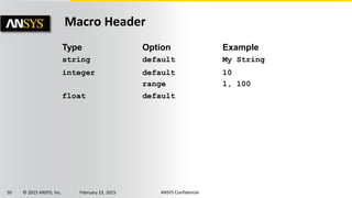 50 © 2015 ANSYS, Inc. February 23, 2015 ANSYS Confidential
Type Option Example
string default My String
integer default
range
10
1, 100
float default
Macro Header
 