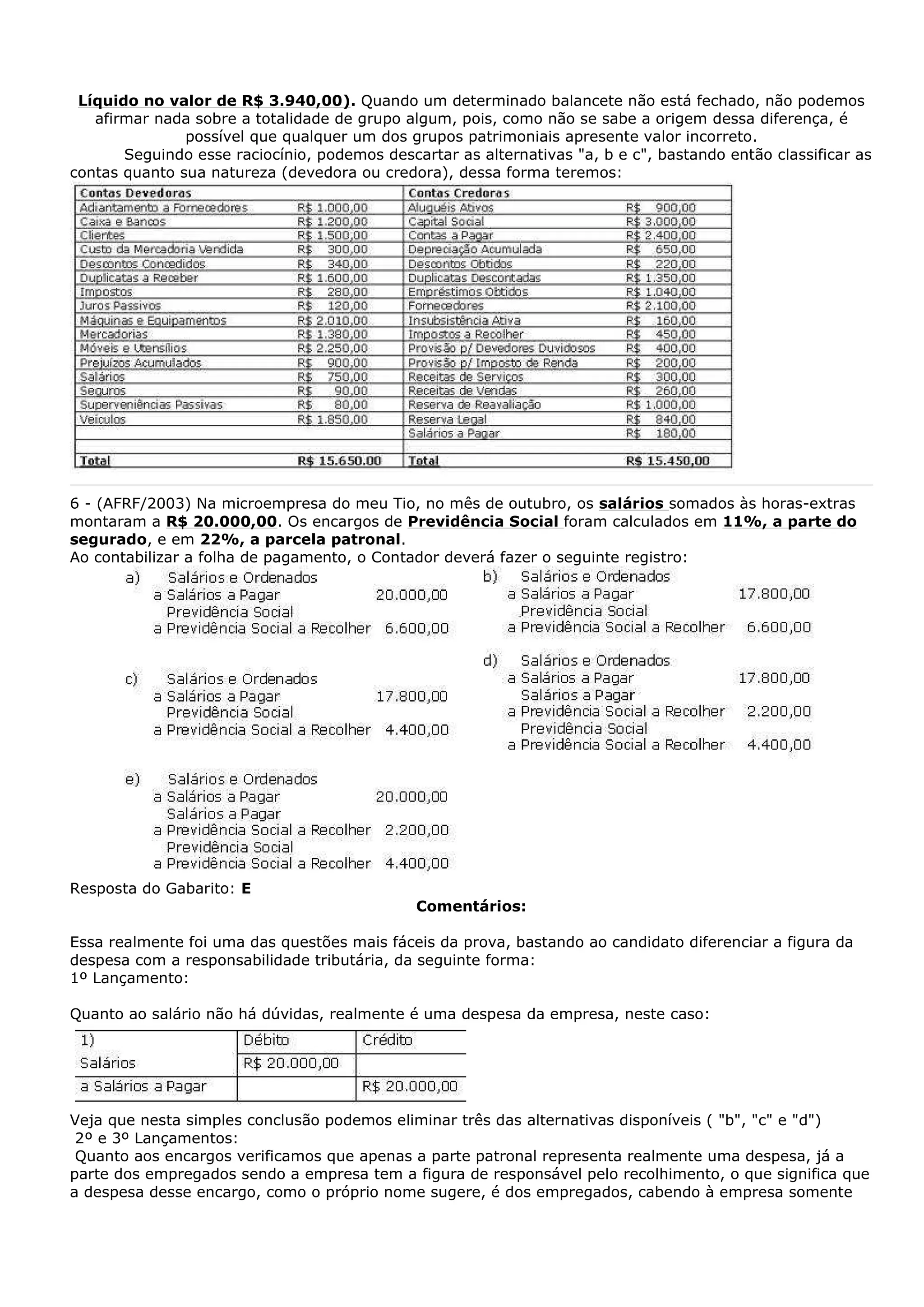 Líquido no valor de R$ 3.940,00). Quando um determinado balancete não está fechado, não podemos
   afirmar nada sobre a totalidade de grupo algum, pois, como não se sabe a origem dessa diferença, é
               possível que qualquer um dos grupos patrimoniais apresente valor incorreto.
       Seguindo esse raciocínio, podemos descartar as alternativas "a, b e c", bastando então classificar as
contas quanto sua natureza (devedora ou credora), dessa forma teremos:




6 - (AFRF/2003) Na microempresa do meu Tio, no mês de outubro, os salários somados às horas-extras
montaram a R$ 20.000,00. Os encargos de Previdência Social foram calculados em 11%, a parte do
segurado, e em 22%, a parcela patronal.
Ao contabilizar a folha de pagamento, o Contador deverá fazer o seguinte registro:




Resposta do Gabarito: E
                                              Comentários:

Essa realmente foi uma das questões mais fáceis da prova, bastando ao candidato diferenciar a figura da
despesa com a responsabilidade tributária, da seguinte forma:
1º Lançamento:

Quanto ao salário não há dúvidas, realmente é uma despesa da empresa, neste caso:




Veja que nesta simples conclusão podemos eliminar três das alternativas disponíveis ( "b", "c" e "d")
 2º e 3º Lançamentos:
 Quanto aos encargos verificamos que apenas a parte patronal representa realmente uma despesa, já a
parte dos empregados sendo a empresa tem a figura de responsável pelo recolhimento, o que significa que
a despesa desse encargo, como o próprio nome sugere, é dos empregados, cabendo à empresa somente
 