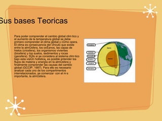 Sus bases Teoricas Para poder comprender el cambio global climático y el aumento de la temperatura global se debe primero comprender el clima global y cómo opera. El clima es consecuencia del vínculo que existe entre la atmósfera, los océanos, las capas de hielos (criosfera), los organismos vivientes (biosfera) y los suelos, sedimentos y rocas (geosfera). Sólo si se considera al sistema climático bajo esta visión holística, es posible entender los flujos de materia y energía en la atmósfera y finalmente comprender las causas del cambio global (GCCIP, 1997). Para ello es necesario analizar cada uno de los compartimentos interrelacionados, se comenzará con el más importante, la atmósfera. 