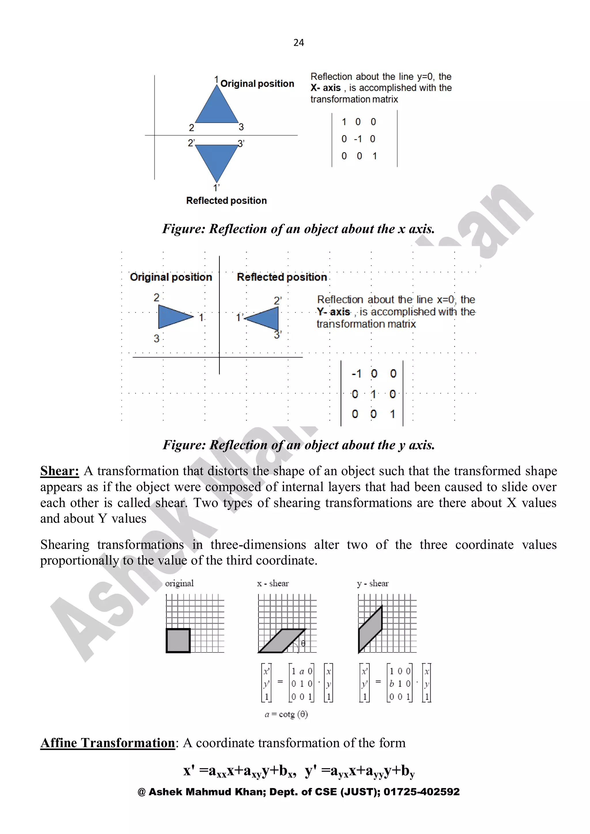 24
@ Ashek Mahmud Khan; Dept. of CSE (JUST); 01725-402592
Figure: Reflection of an object about the x axis.
Figure: Reflection of an object about the y axis.
Shear: A transformation that distorts the shape of an object such that the transformed shape
appears as if the object were composed of internal layers that had been caused to slide over
each other is called shear. Two types of shearing transformations are there about X values
and about Y values
Shearing transformations in three-dimensions alter two of the three coordinate values
proportionally to the value of the third coordinate.
Affine Transformation: A coordinate transformation of the form
x' =axxx+axyy+bx, y' =ayxx+ayyy+by
 