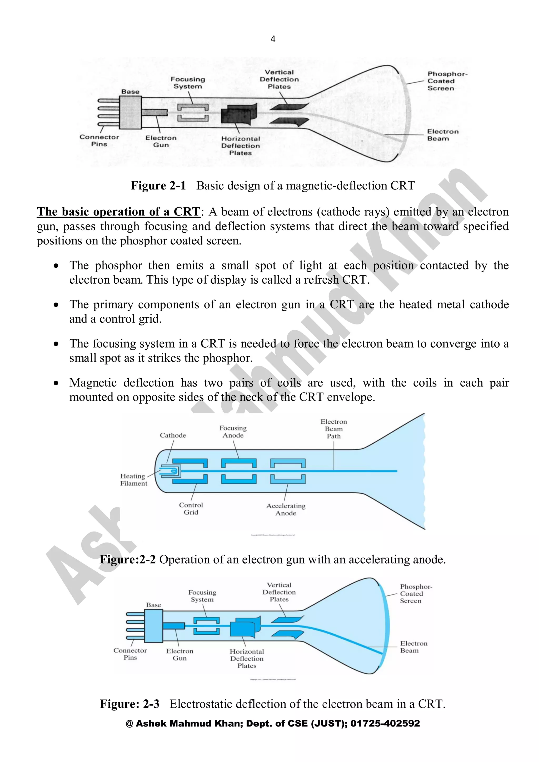 4
@ Ashek Mahmud Khan; Dept. of CSE (JUST); 01725-402592
Figure 2-1 Basic design of a magnetic-deflection CRT
The basic operation of a CRT: A beam of electrons (cathode rays) emitted by an electron
gun, passes through focusing and deflection systems that direct the beam toward specified
positions on the phosphor coated screen.
 The phosphor then emits a small spot of light at each position contacted by the
electron beam. This type of display is called a refresh CRT.
 The primary components of an electron gun in a CRT are the heated metal cathode
and a control grid.
 The focusing system in a CRT is needed to force the electron beam to converge into a
small spot as it strikes the phosphor.
 Magnetic deflection has two pairs of coils are used, with the coils in each pair
mounted on opposite sides of the neck of the CRT envelope.
Figure:2-2 Operation of an electron gun with an accelerating anode.
Figure: 2-3 Electrostatic deflection of the electron beam in a CRT.
 