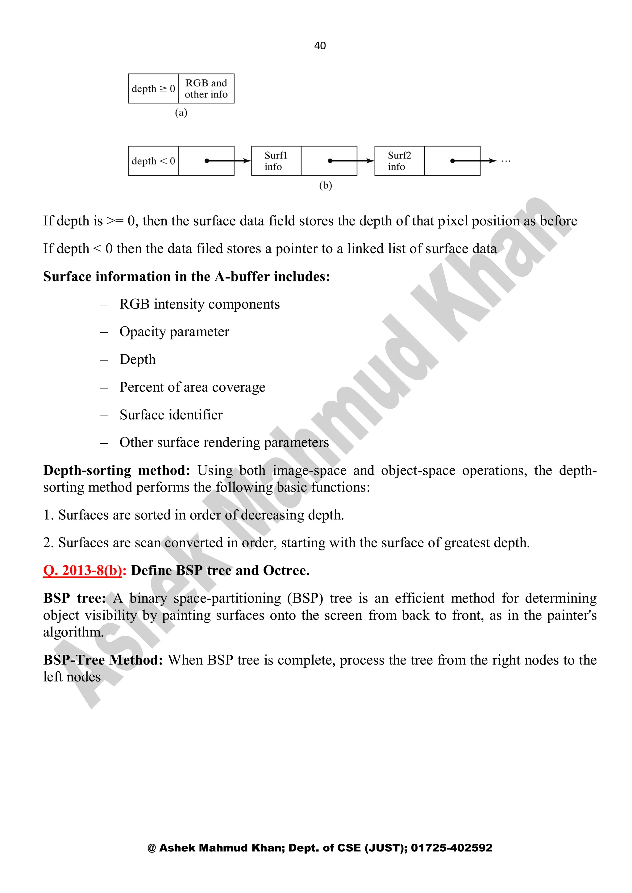 40
@ Ashek Mahmud Khan; Dept. of CSE (JUST); 01725-402592
If depth is >= 0, then the surface data field stores the depth of that pixel position as before
If depth < 0 then the data filed stores a pointer to a linked list of surface data
Surface information in the A-buffer includes:
– RGB intensity components
– Opacity parameter
– Depth
– Percent of area coverage
– Surface identifier
– Other surface rendering parameters
Depth-sorting method: Using both image-space and object-space operations, the depth-
sorting method performs the following basic functions:
1. Surfaces are sorted in order of decreasing depth.
2. Surfaces are scan converted in order, starting with the surface of greatest depth.
Q. 2013-8(b): Define BSP tree and Octree.
BSP tree: A binary space-partitioning (BSP) tree is an efficient method for determining
object visibility by painting surfaces onto the screen from back to front, as in the painter's
algorithm.
BSP-Tree Method: When BSP tree is complete, process the tree from the right nodes to the
left nodes
 