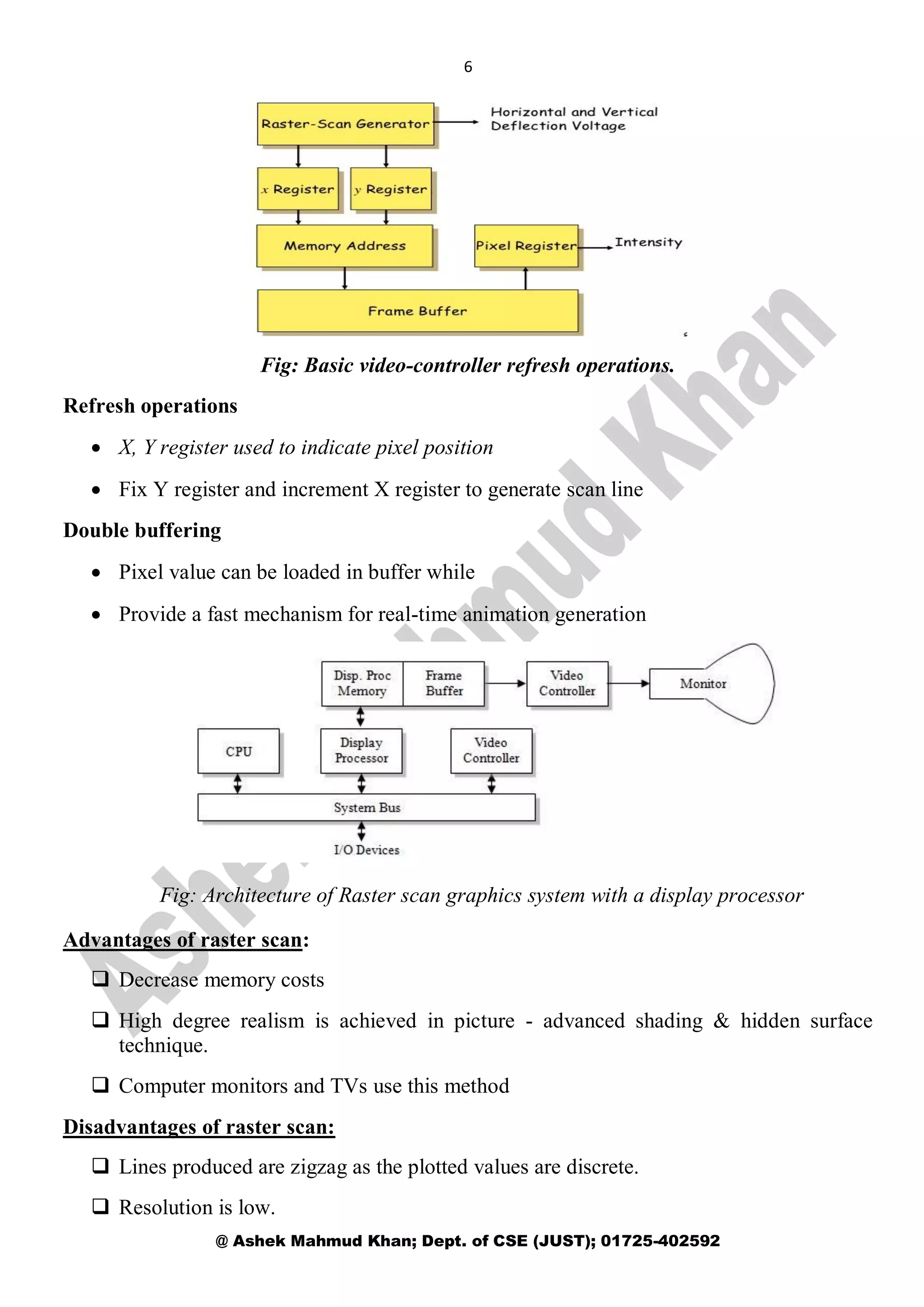 6
@ Ashek Mahmud Khan; Dept. of CSE (JUST); 01725-402592
Fig: Basic video-controller refresh operations.
Refresh operations
 X, Y register used to indicate pixel position
 Fix Y register and increment X register to generate scan line
Double buffering
 Pixel value can be loaded in buffer while
 Provide a fast mechanism for real-time animation generation
Fig: Architecture of Raster scan graphics system with a display processor
Advantages of raster scan:
 Decrease memory costs
 High degree realism is achieved in picture - advanced shading & hidden surface
technique.
 Computer monitors and TVs use this method
Disadvantages of raster scan:
 Lines produced are zigzag as the plotted values are discrete.
 Resolution is low.
 