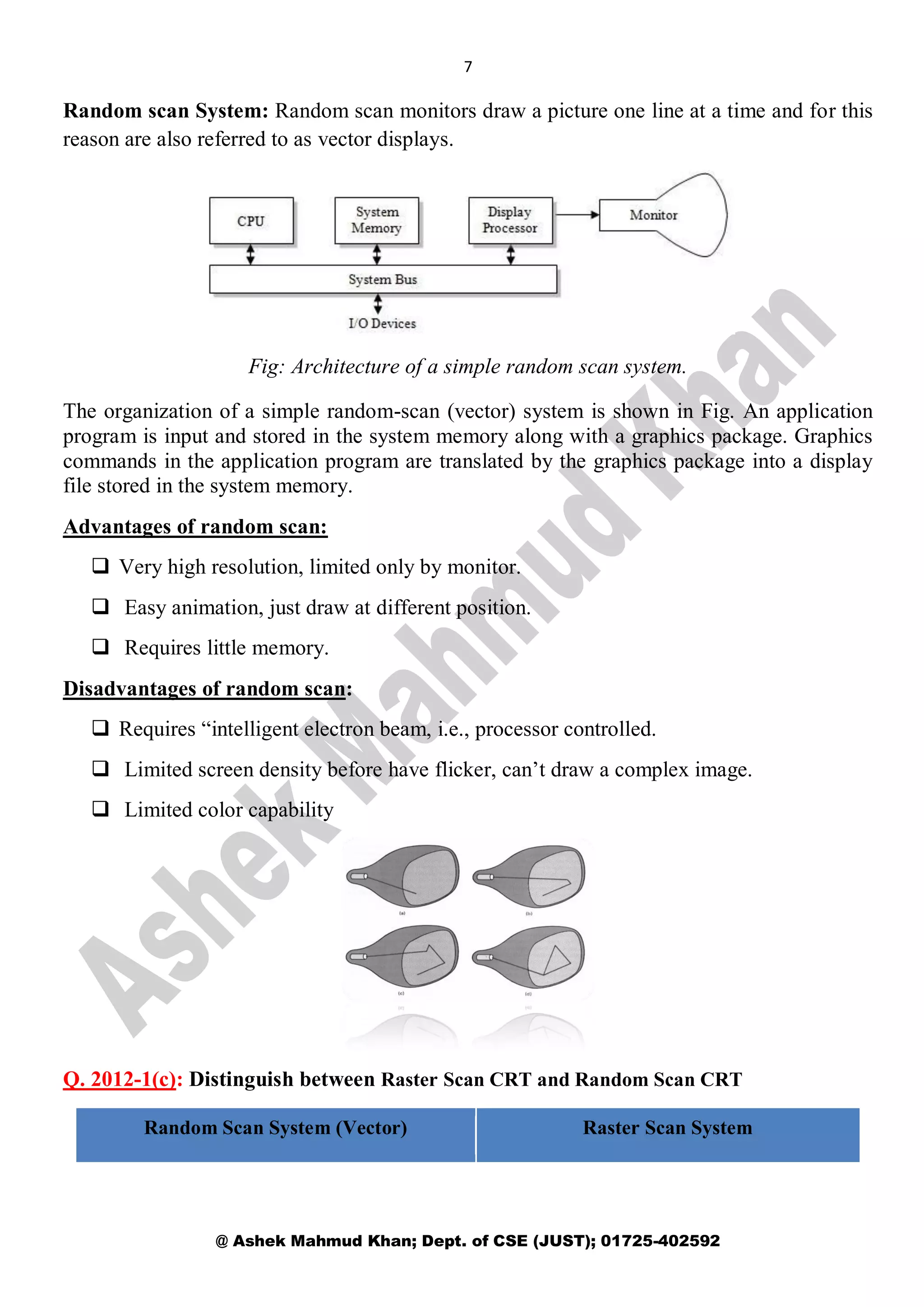 7
@ Ashek Mahmud Khan; Dept. of CSE (JUST); 01725-402592
Random scan System: Random scan monitors draw a picture one line at a time and for this
reason are also referred to as vector displays.
Fig: Architecture of a simple random scan system.
The organization of a simple random-scan (vector) system is shown in Fig. An application
program is input and stored in the system memory along with a graphics package. Graphics
commands in the application program are translated by the graphics package into a display
file stored in the system memory.
Advantages of random scan:
 Very high resolution, limited only by monitor.
 Easy animation, just draw at different position.
 Requires little memory.
Disadvantages of random scan:
 Requires “intelligent electron beam, i.e., processor controlled.
 Limited screen density before have flicker, can’t draw a complex image.
 Limited color capability
Q. 2012-1(c): Distinguish between Raster Scan CRT and Random Scan CRT
Random Scan System (Vector) Raster Scan System
 