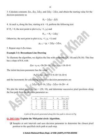 14
@ Ashek Mahmud Khan; Dept. of CSE (JUST); 01725-402592
3. Calculate constants x, y, 2y, and 2y - 2x, and obtain the starting value for the
decision parameter as
P0 = 2y - X
4. At each xk along the line, starting at k = 0, perform the following test:
If Pk < 0, the next point to plot is (xk +1, yk) and
Pk+1 = Pk + 2y
Otherwise, the next point to plot is (xk +1, yk +1) and
pk+1, = pk + 2y - 2x,
5. Repeat step 4 x times.
Example 3-1: Bresenham Line Drawing
To illustrate the algorithm, we digitize the line with endpoints (20, 10) and (30,18). This line
has a slope of 0.8, with
x= x2-x1=30-20=10, y=y2-y1=18-10=8
The initial decision parameter has the value
P0 = 2y - X= 2×8-10=16-10=6
and the increments for calculating successive decision parameters are
2y=2×8=16, 2y - 2x=16-20= -4
We plot the initial point (x0, y0) = (20, 10), and determine successive pixel positions along
the line path from the decision parameter as-
A plot of the pixels generated along this line path is shown in Fig
Q. 2013-3(b): Explain the Mid-point circle Algorithm.
 Samples at unit intervals and uses decision parameter to determine the closest pixel
position to the specified circle path at each step.
 