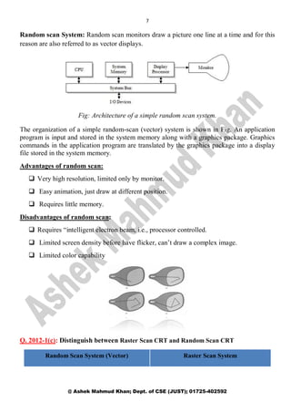 7
@ Ashek Mahmud Khan; Dept. of CSE (JUST); 01725-402592
Random scan System: Random scan monitors draw a picture one line at a time and for this
reason are also referred to as vector displays.
Fig: Architecture of a simple random scan system.
The organization of a simple random-scan (vector) system is shown in Fig. An application
program is input and stored in the system memory along with a graphics package. Graphics
commands in the application program are translated by the graphics package into a display
file stored in the system memory.
Advantages of random scan:
 Very high resolution, limited only by monitor.
 Easy animation, just draw at different position.
 Requires little memory.
Disadvantages of random scan:
 Requires “intelligent electron beam, i.e., processor controlled.
 Limited screen density before have flicker, can’t draw a complex image.
 Limited color capability
Q. 2012-1(c): Distinguish between Raster Scan CRT and Random Scan CRT
Random Scan System (Vector) Raster Scan System
 