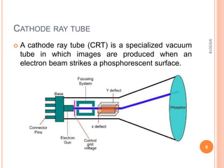 CATHODE RAY TUBE
 A cathode ray tube (CRT) is a specialized vacuum
tube in which images are produced when an
electron beam strikes a phosphorescent surface.
9/5/2018
6
 