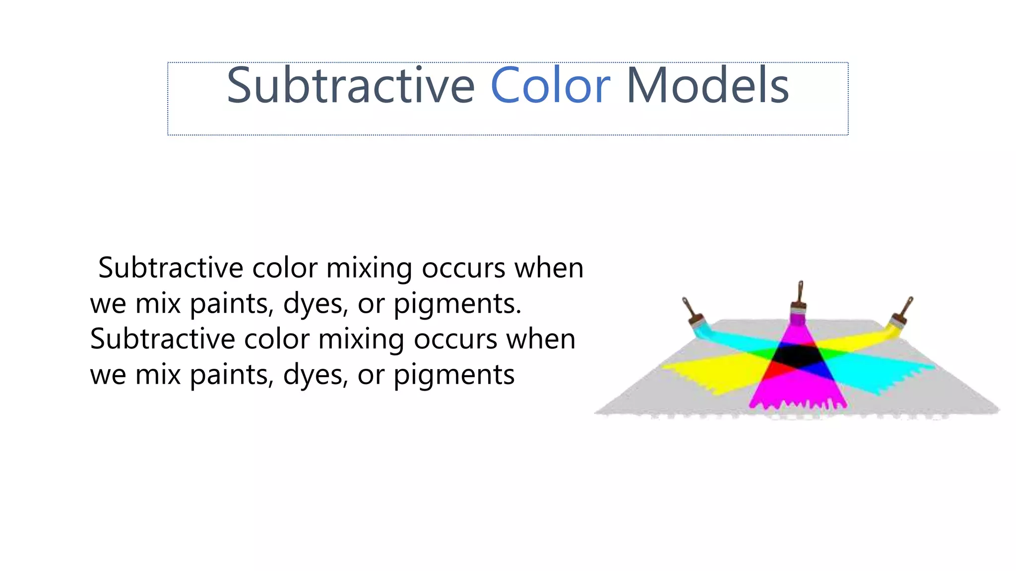 Subtractive Color Models
Subtractive color mixing occurs when
we mix paints, dyes, or pigments.
Subtractive color mixing occurs when
we mix paints, dyes, or pigments
 