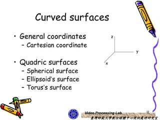 Curved surfaces
• General coordinates                    z

  – Cartesian coordinate
                                                 y

• Quadric surfaces                   x

  – Spherical surface
  – Ellipsoid’s surface
  – Torus’s surface


                          Video Processing Lab       11
                             臺灣師範大學數位媒體中心視訊處理研究室
 