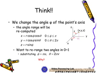 Think!!
• We change the angle φ of the point’s axis
  – the angle range will be                   z
    re-computed                                   φ   (x,y,z)

       x  r cos cos 0                                    y
       y  r cos sin 0    2             θ
                                          x
       z  r sin
  – Want to re-range two angles in 0~1
     • substituting    u,   2 v

                   Why?


                            Video Processing Lab                    13
                               臺灣師範大學數位媒體中心視訊處理研究室
 