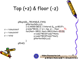 Top (+z) & floor (-z)

               glBegin(GL_TRIANGLE_FAN);
                        glVertex3d(x,y,z);
                        c=3.14159/180.0; //interval Δφ, φ=80.0*c
x  r cos cos         z=sin(c*80.0); // z=+..top, z=-.. floor  Δθ
                        for(thet=-180.0; thet<=180.0;thet+=20.0){
y  r cos sin
                                x=cos(c*80.0)*cos(c*thet);
z  r sin                      y=cos(c*80.0)*sin(c*thet);
                                glVertex3d(x,y,z);
                        }
               glEnd();




                                        Video Processing Lab          15
                                           臺灣師範大學數位媒體中心視訊處理研究室
 