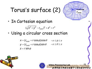 Torus’s surface (2)                                        raxial



• In Cartesian equation
           ( x 2  y 2  raxial )2  z2  r 2

• Using a circular cross section
      x  (raxial  r cos  )cos           
      y  (raxial  r cos  )sin           
      z  r sin




                                     Video Processing Lab            25
                                         臺灣師範大學數位媒體中心視訊處理研究室
 